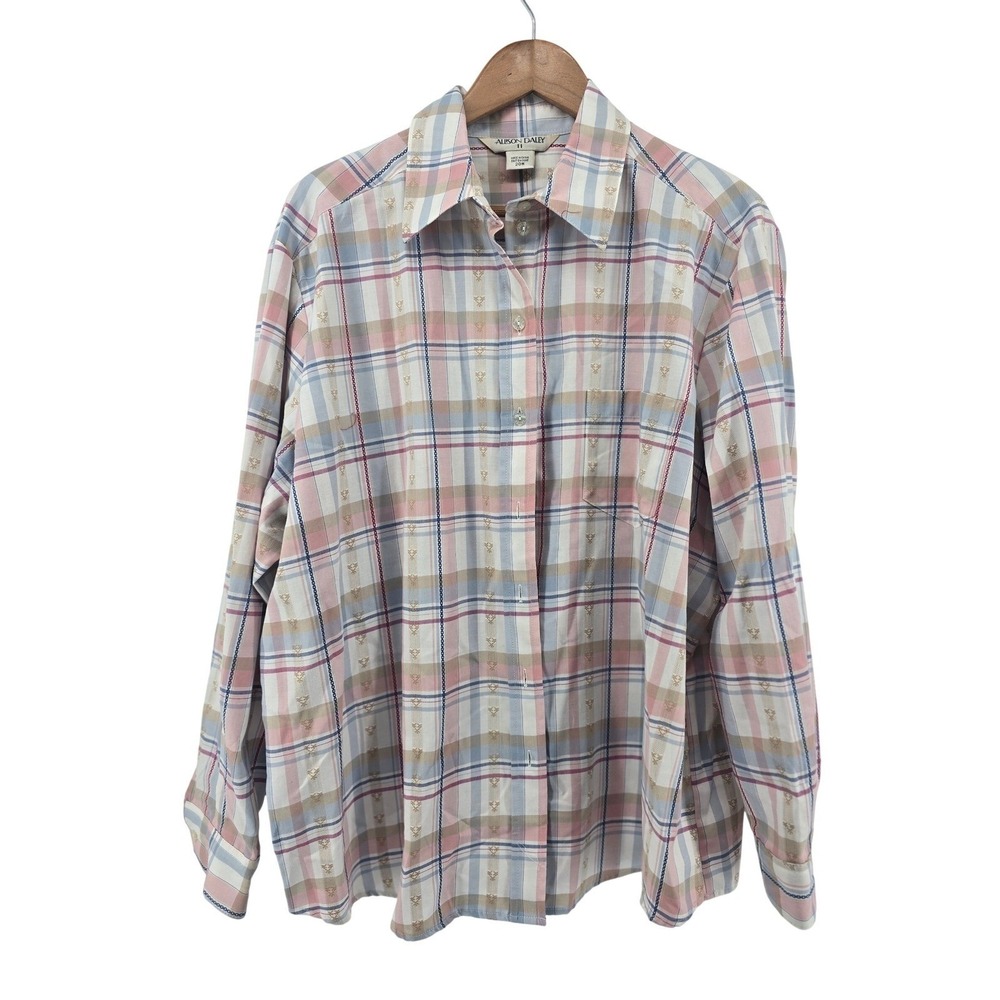Alison Daley Button Shirt Womens 20W Pink Blue Plaid Bee Embroidered Plus Size